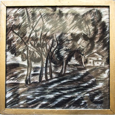 Drzewa. Rysunek ekspresyjny. Węgiel na papierze. Sygn. A. Podchorecki. 1970